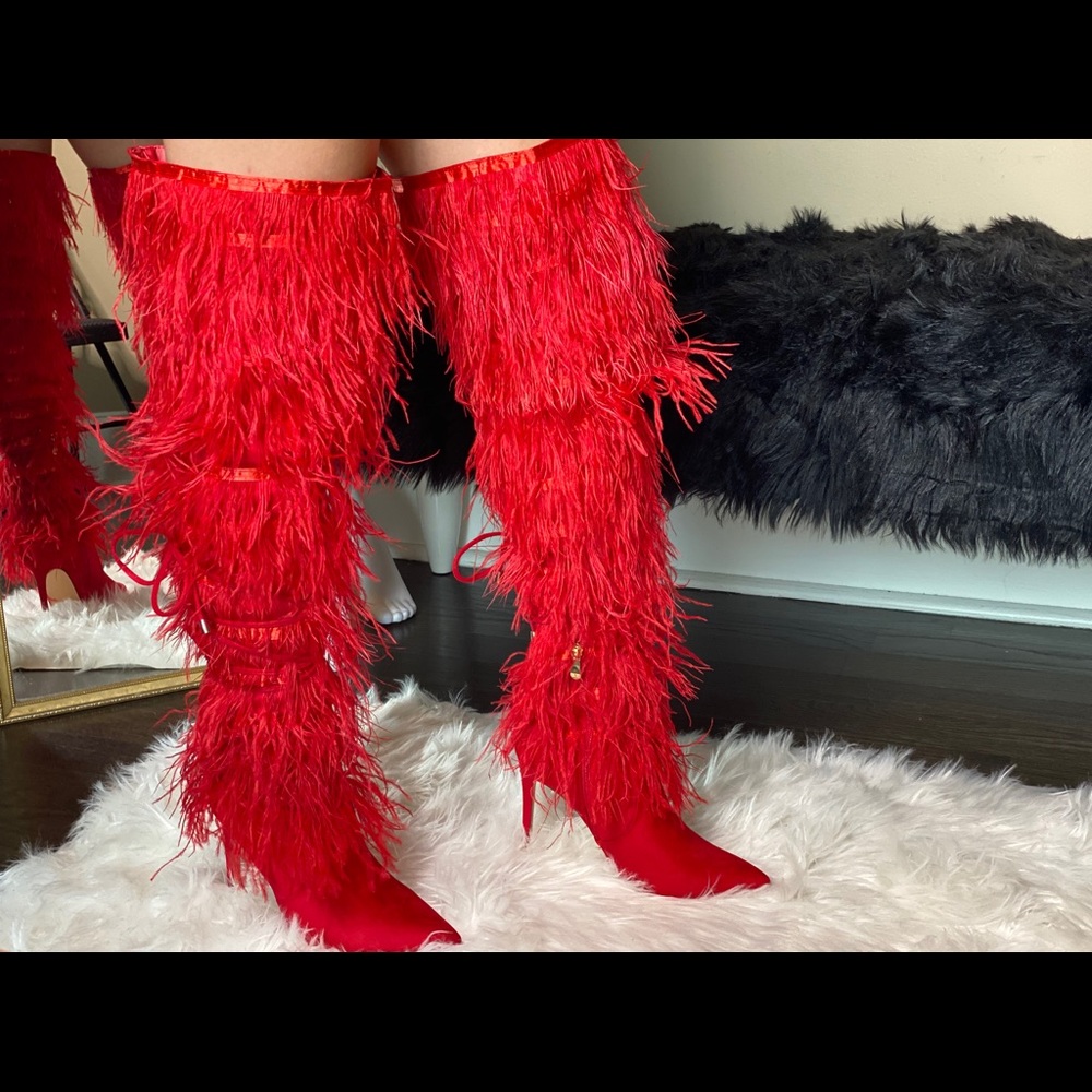 LILIANA CAMPBELL RED FEATHER HEEL BOOTS - Picture 15 of 16